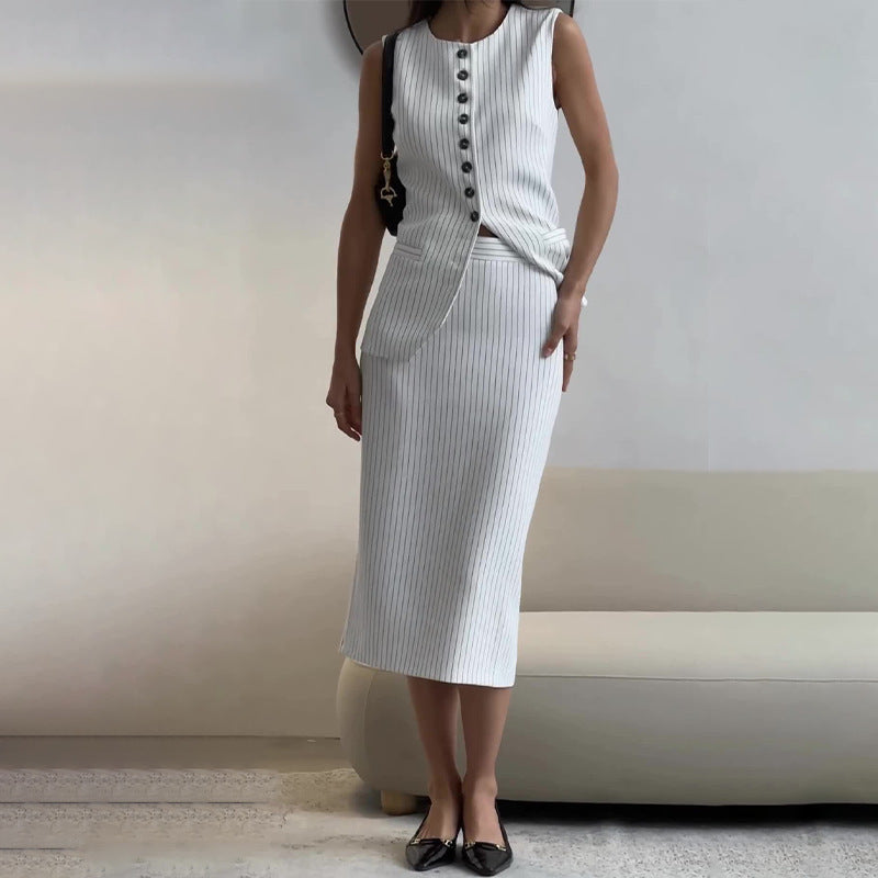 Round-neck Striped Vest High Waist A- Line Skirt Suit