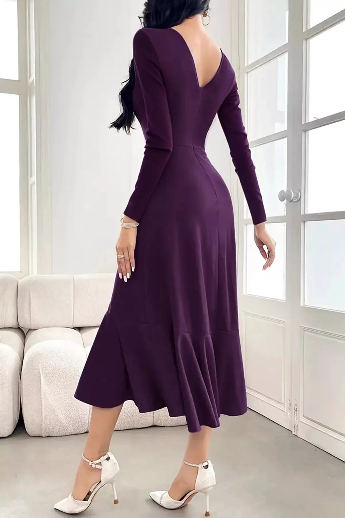 Long Sleeve Ruched Midi Dress with Asymmetrical Ruffle Hem