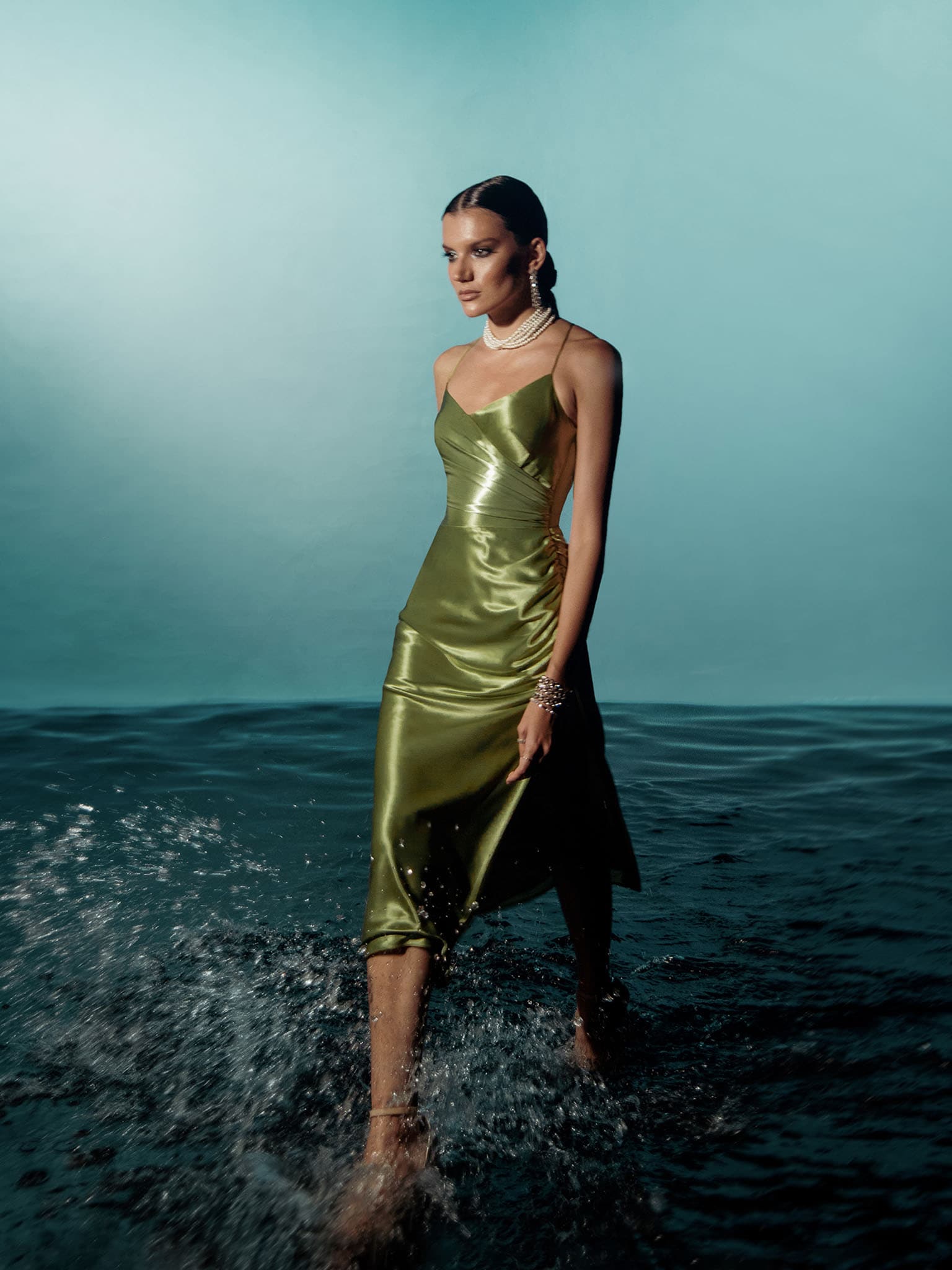 Satin V-neck Side Gathered Dress