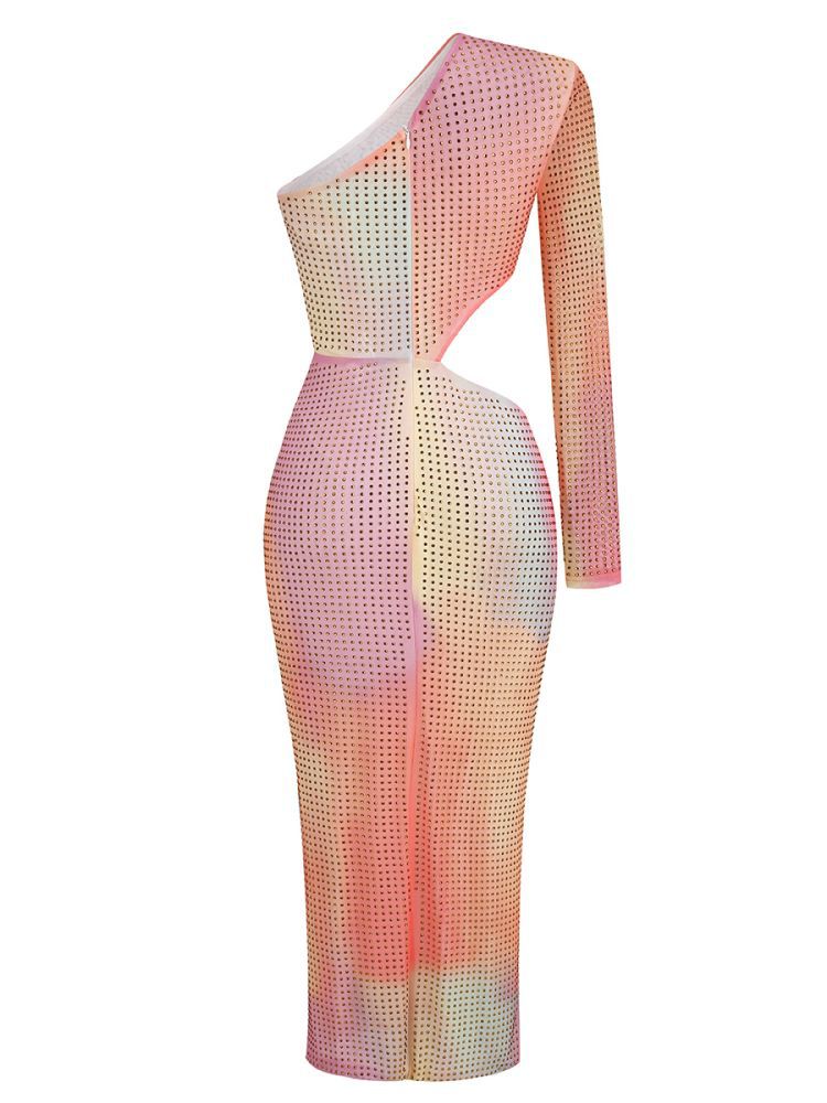 Ahusha Diagonal Shoulder Slit Metallic Dress