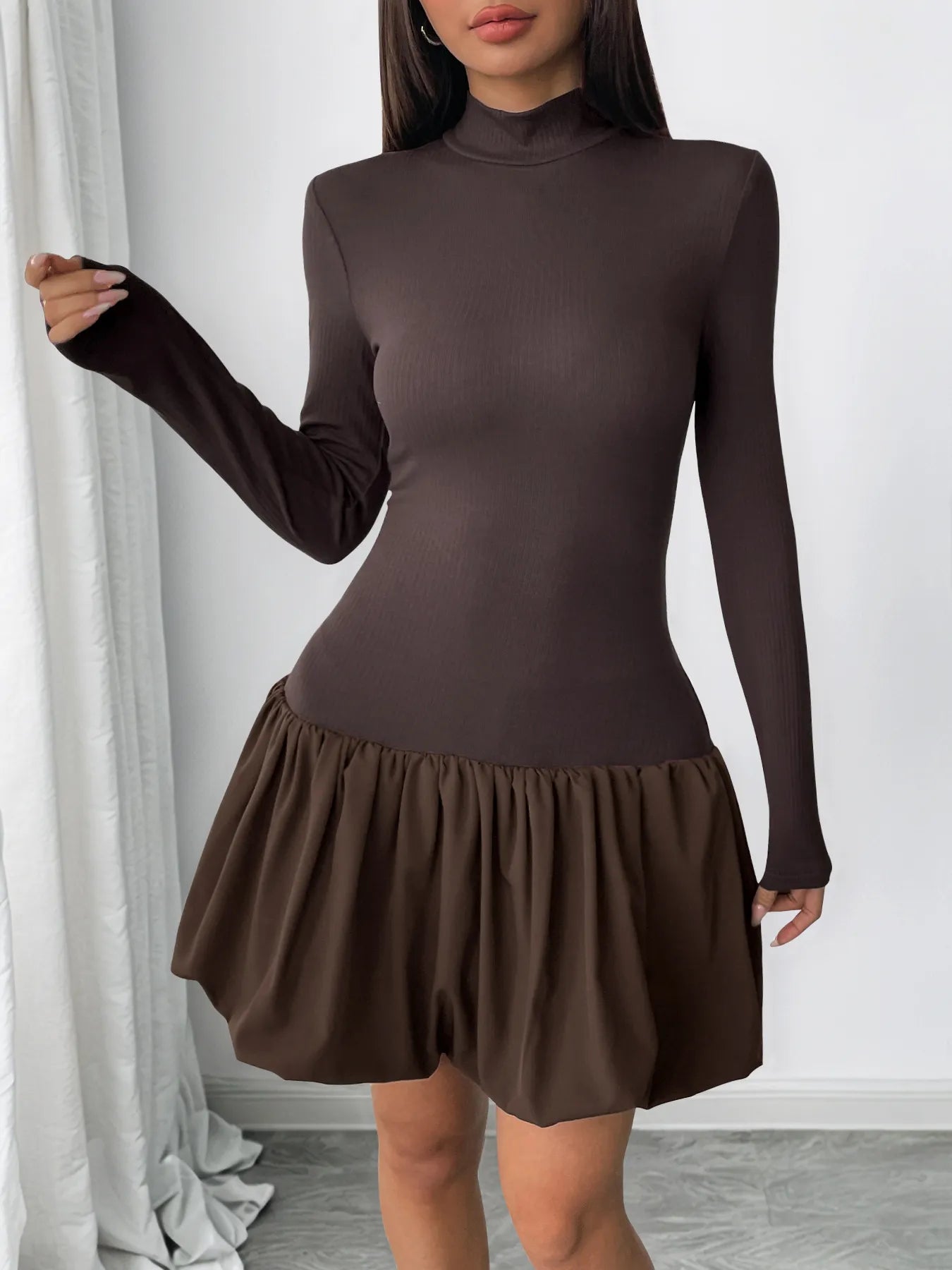 Mock Neck Long Sleeve Bubble Hem Dress