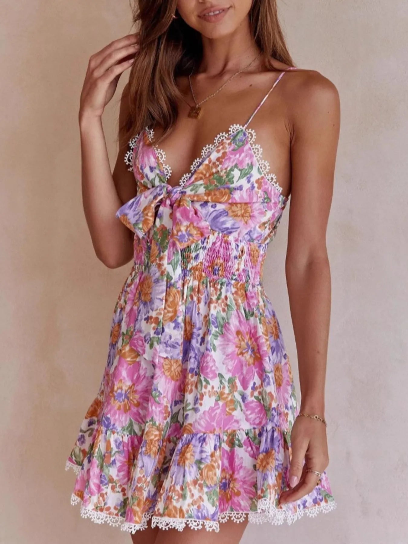 Floral Print Tie-Front Cami Dress with Lace Trim
