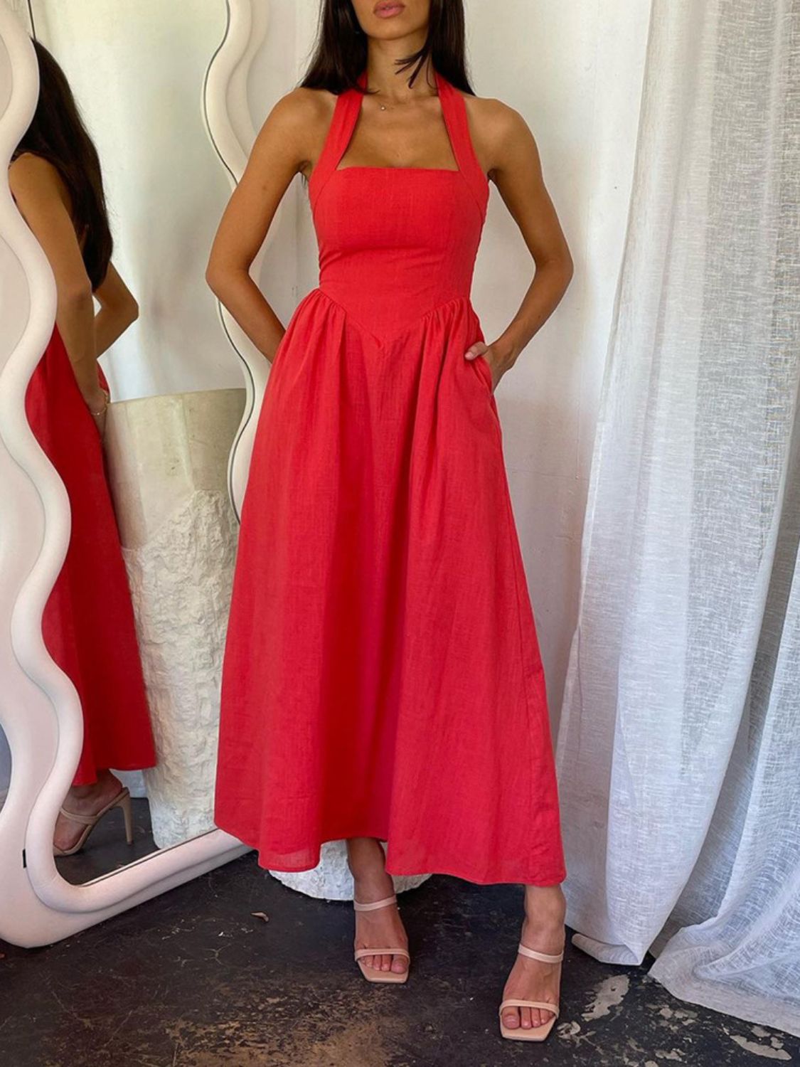 Alera Devine Ruched Halter Neck Midi Dress