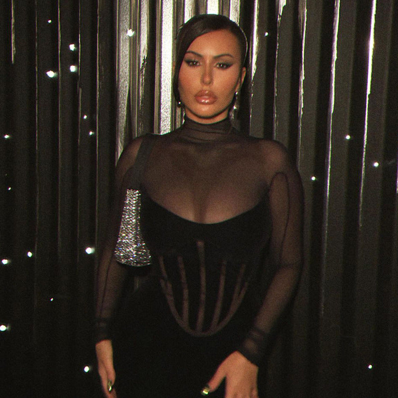 Mesh Corset Sheath Turtleneck Dress