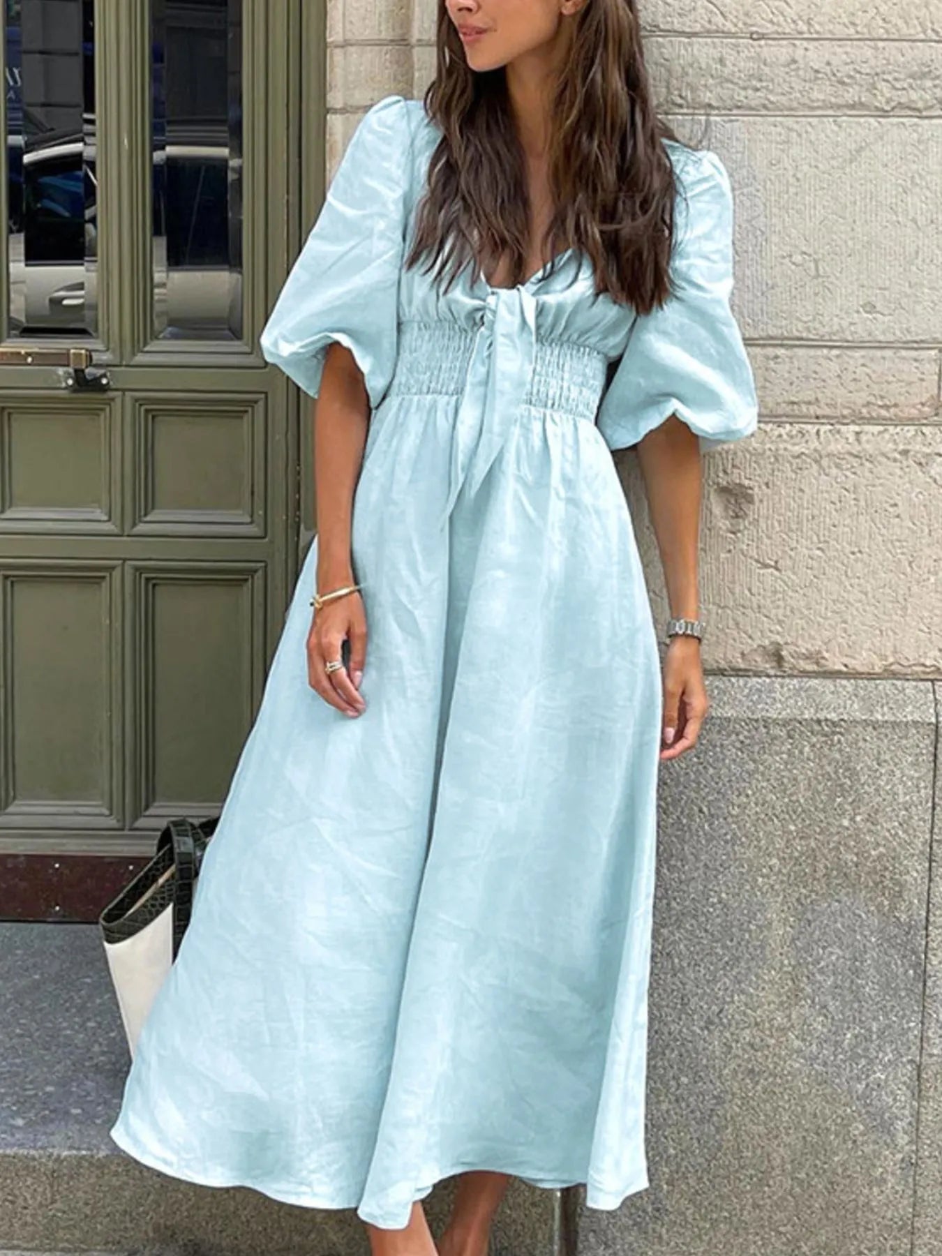 Smocked Puff Sleeve Midi Dress