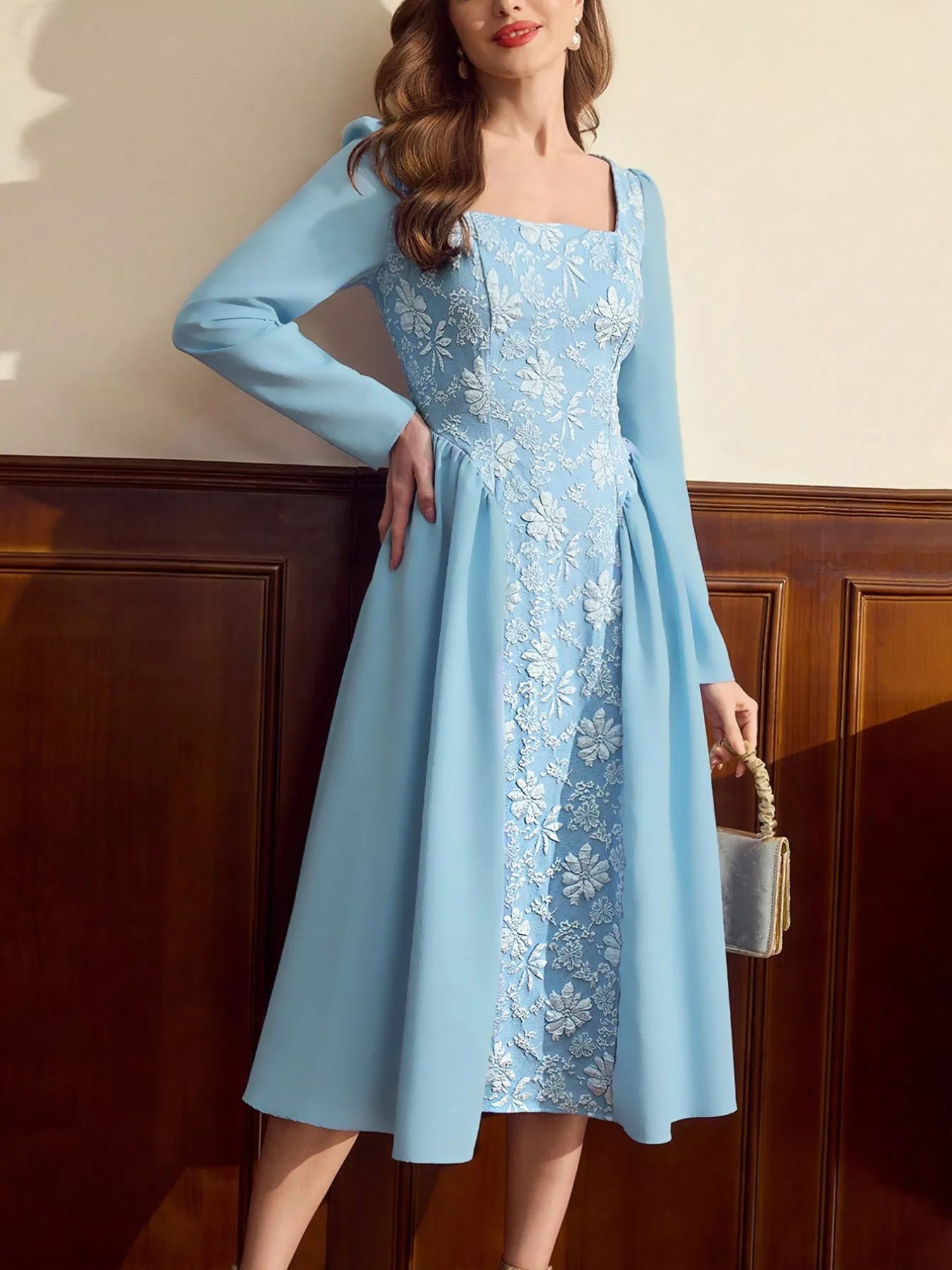 Flower Square Neck Long Sleeve Dress