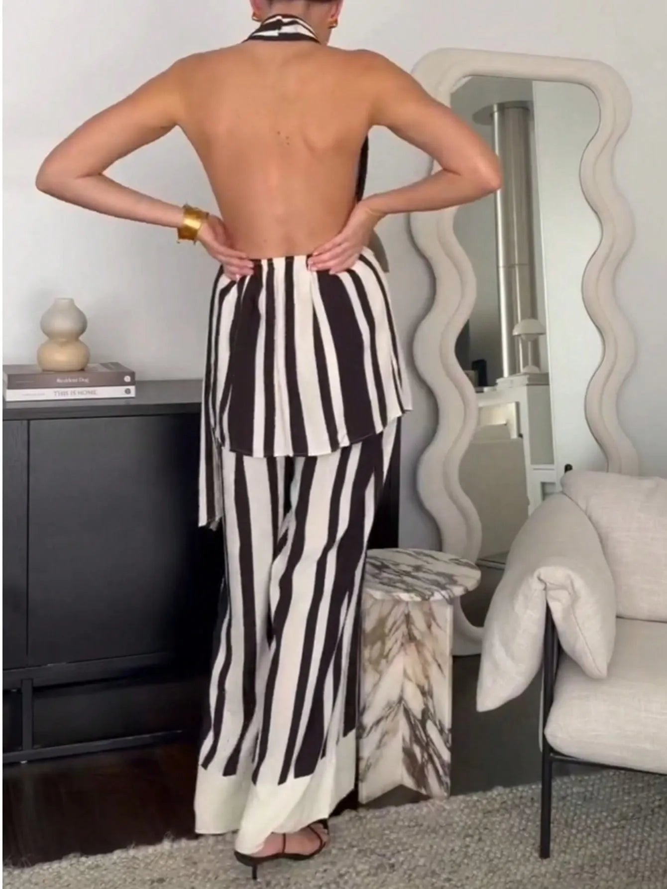 Striped Halter Neck Top and Pants Two-Piece Set