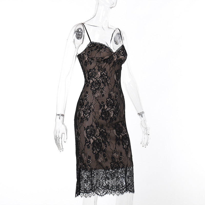 Lyla Sheath Lace Sling Dress-Black