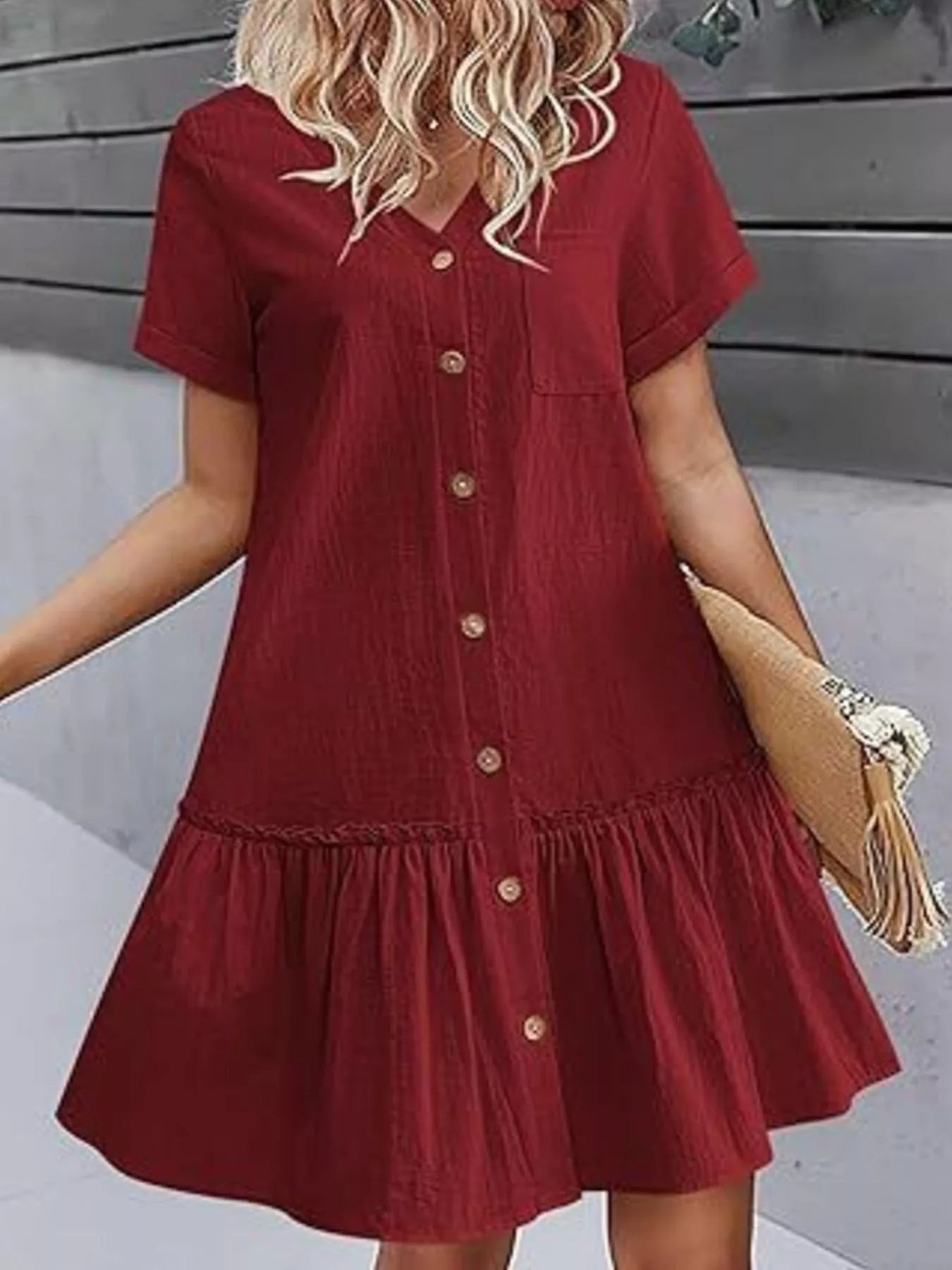 Full Size Button-Front Short Sleeve Tiered Dress Plus Size