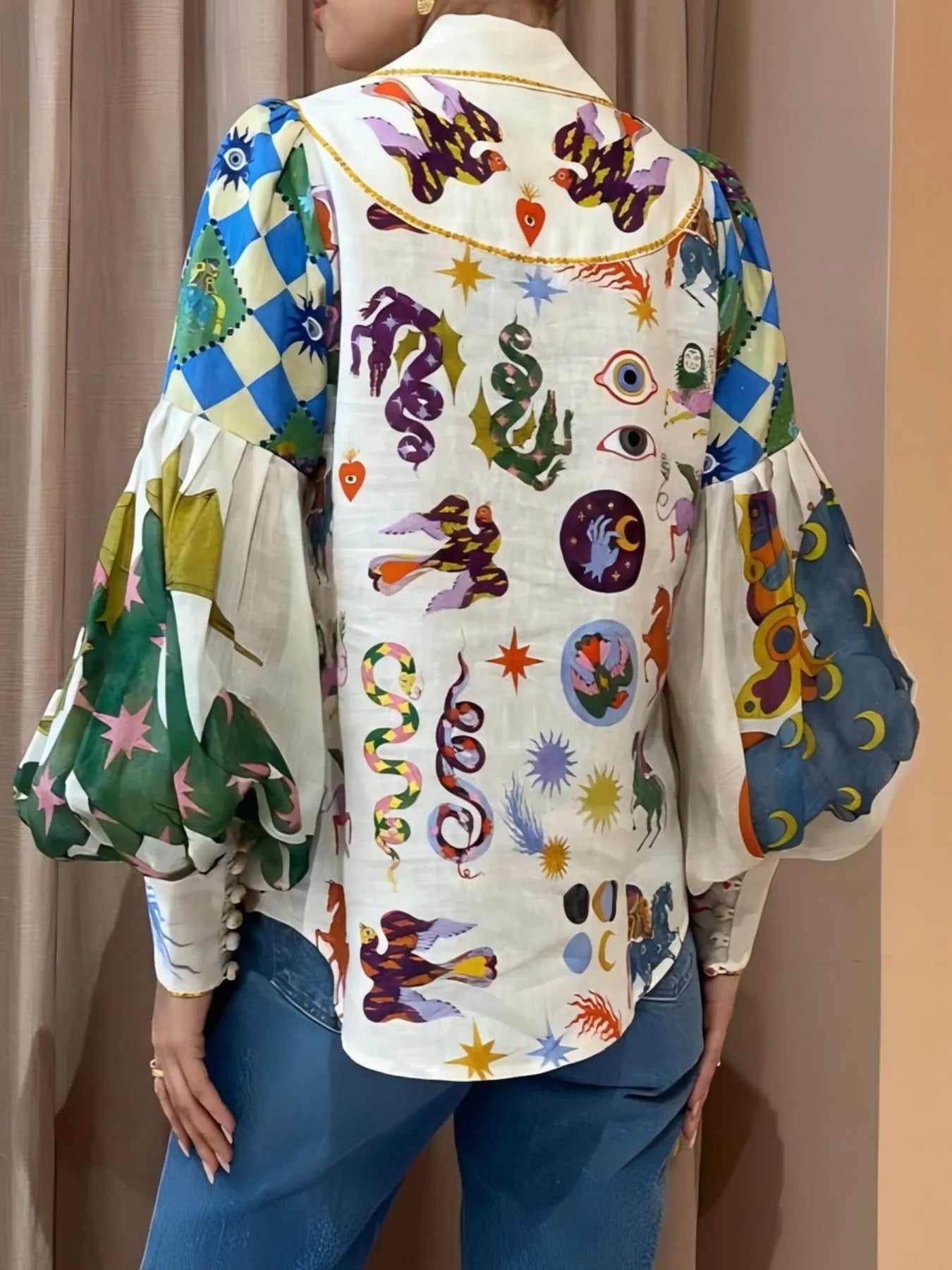 Printed Button Up Lantern Sleeve Shirt