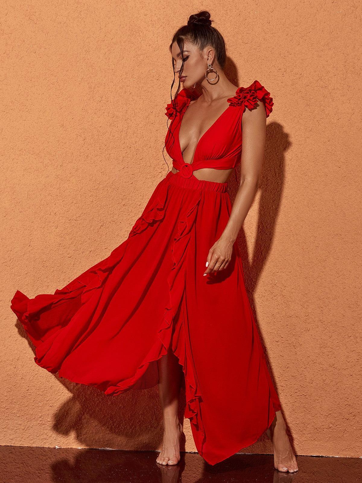 Styled beach outfit with the Danni Cutout Swimwear Set, paired with a maxi skirt for a trendy summer look.