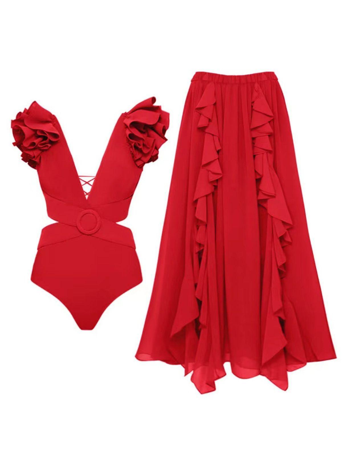 Danni Cutout Swimwear Two Piece Set in vibrant red, showcasing a stylish bikini top and flirty cutout design.