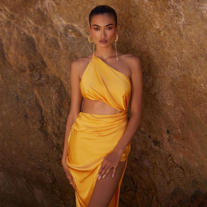 Tara Slant Shoulder High Slit Satin Celeb Dress