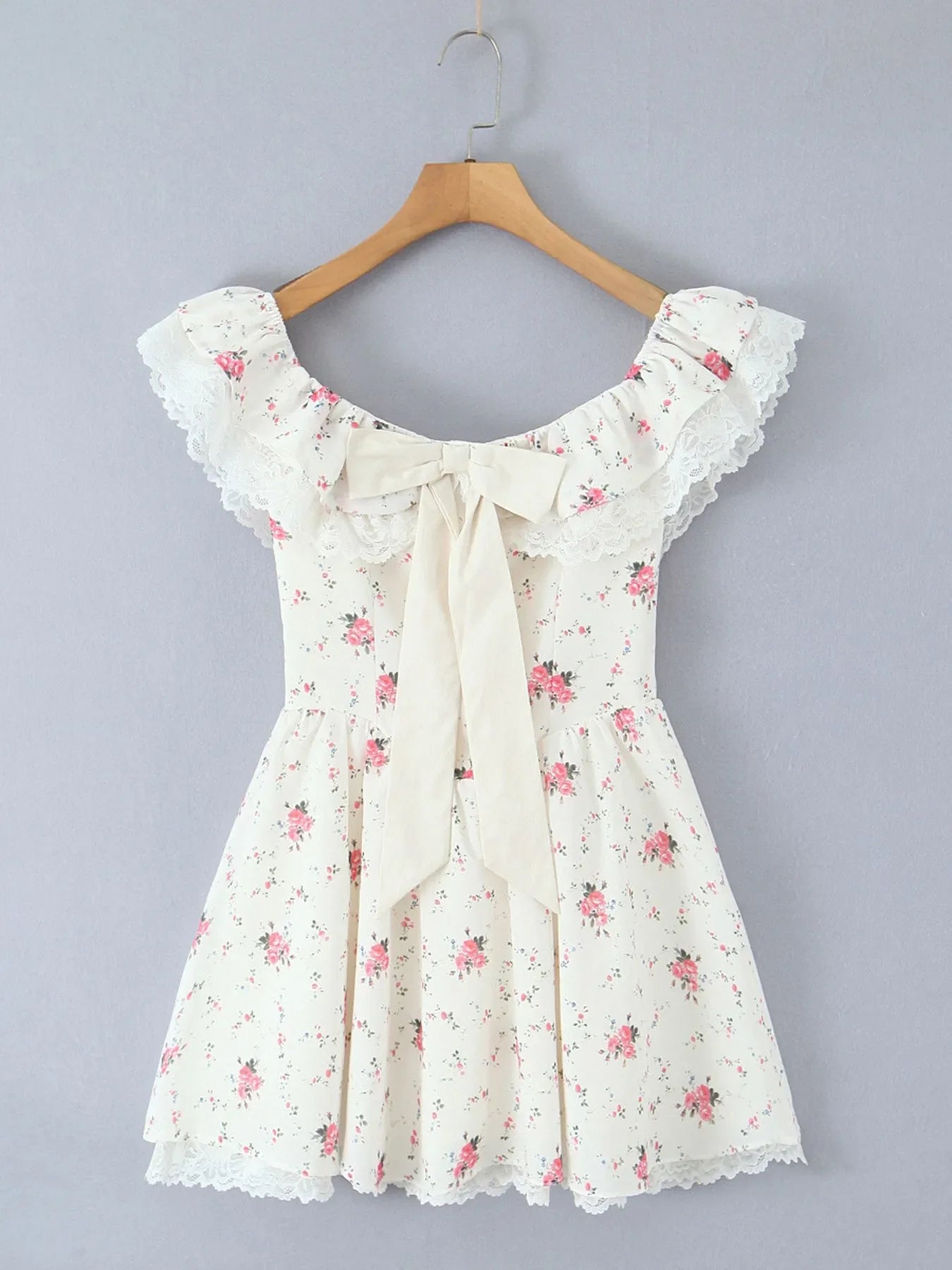 Off-Shoulder Floral Lace Trim Mini Dress