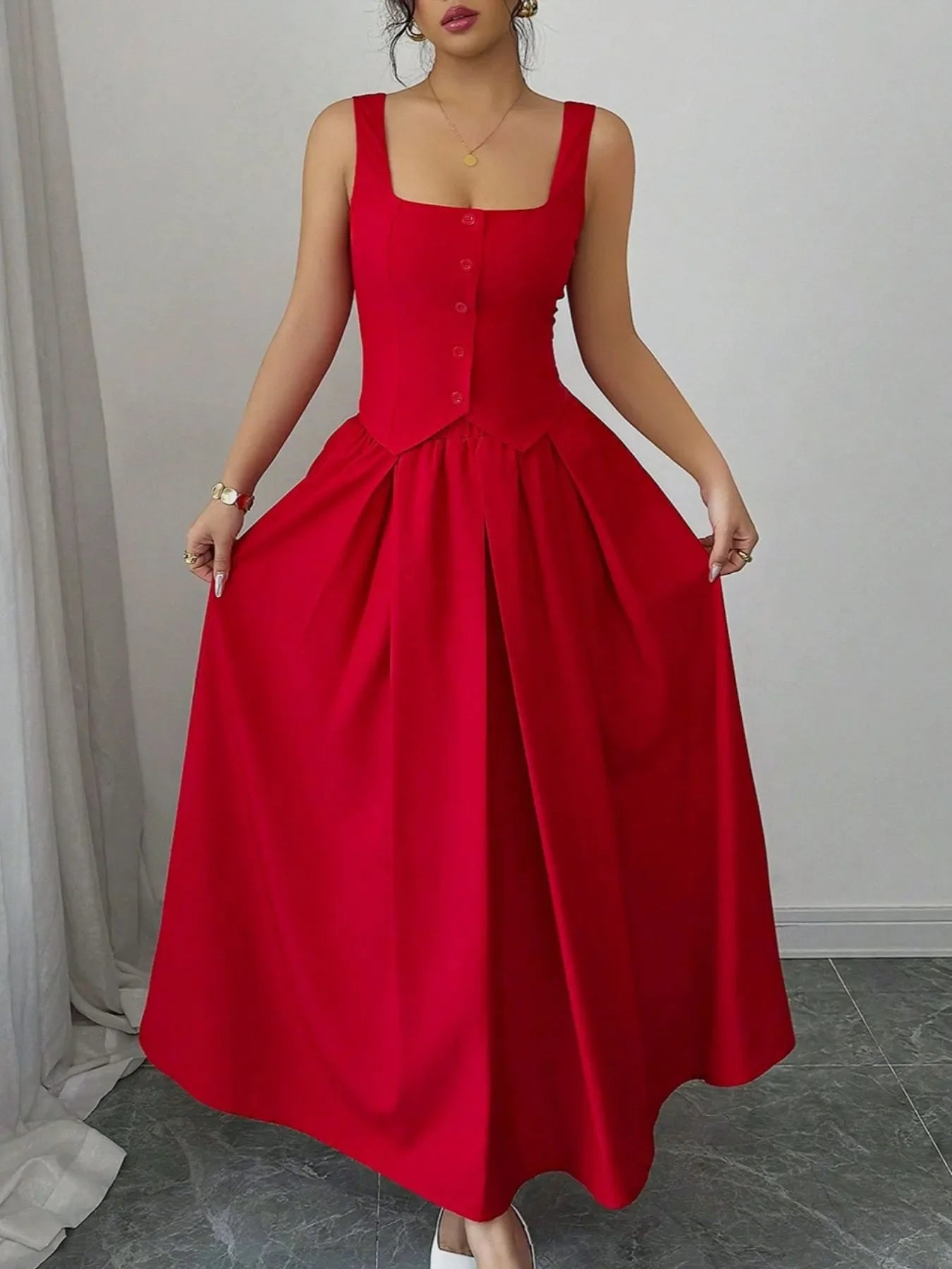 Square Neck Wide Strap Midi Dress