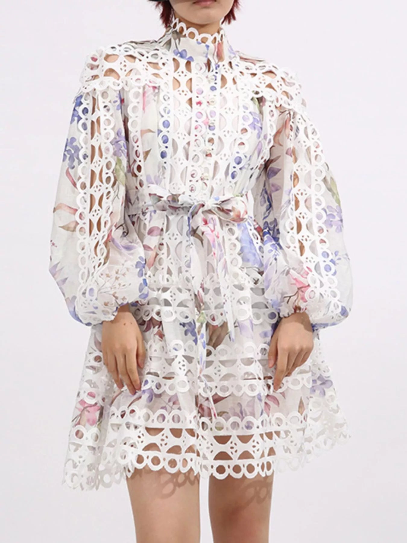 Lace Eyelet Mini Dress with Balloon Sleeves