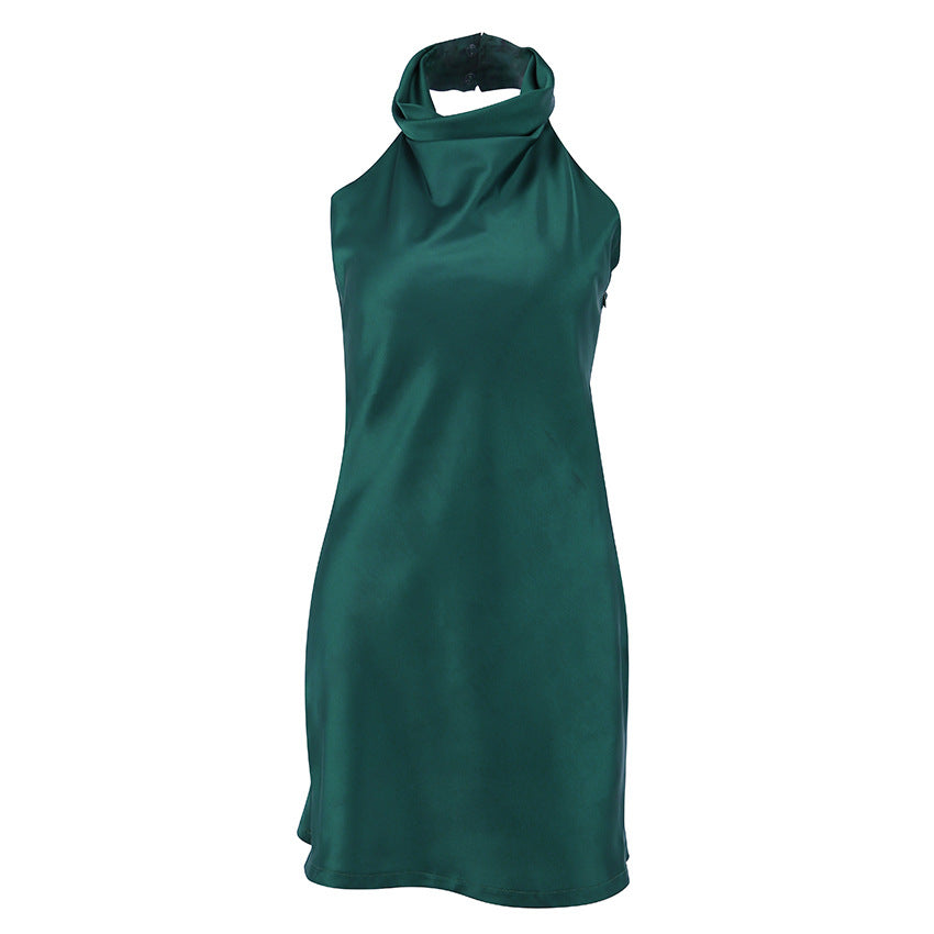 Satin Halter Sleeveless Dress-Green