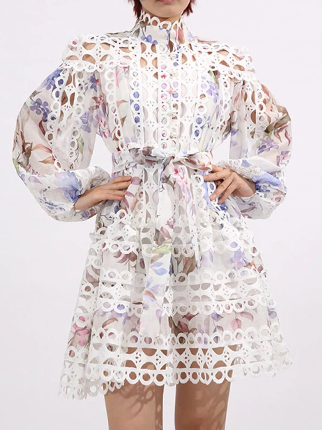 Lace Eyelet Mini Dress with Balloon Sleeves
