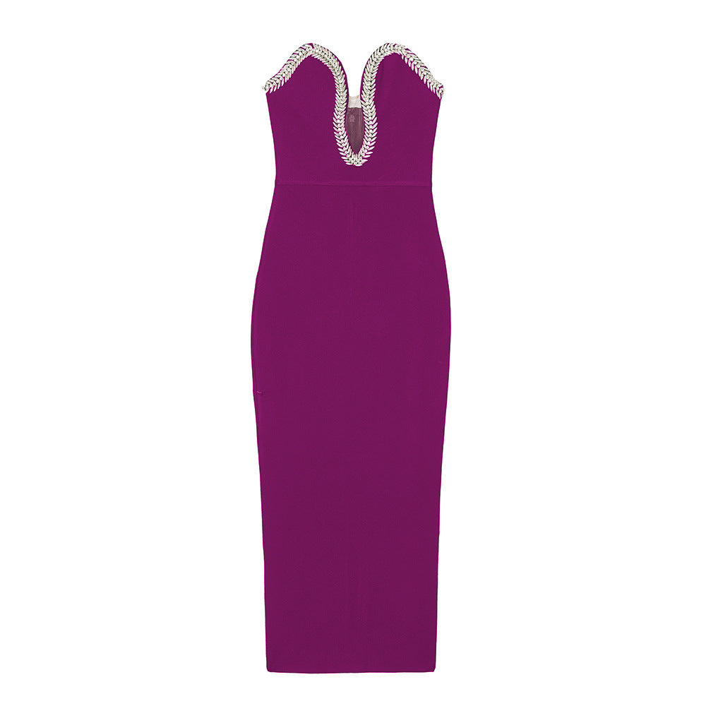 Chic Strapless V-Neck Midi Party Wear