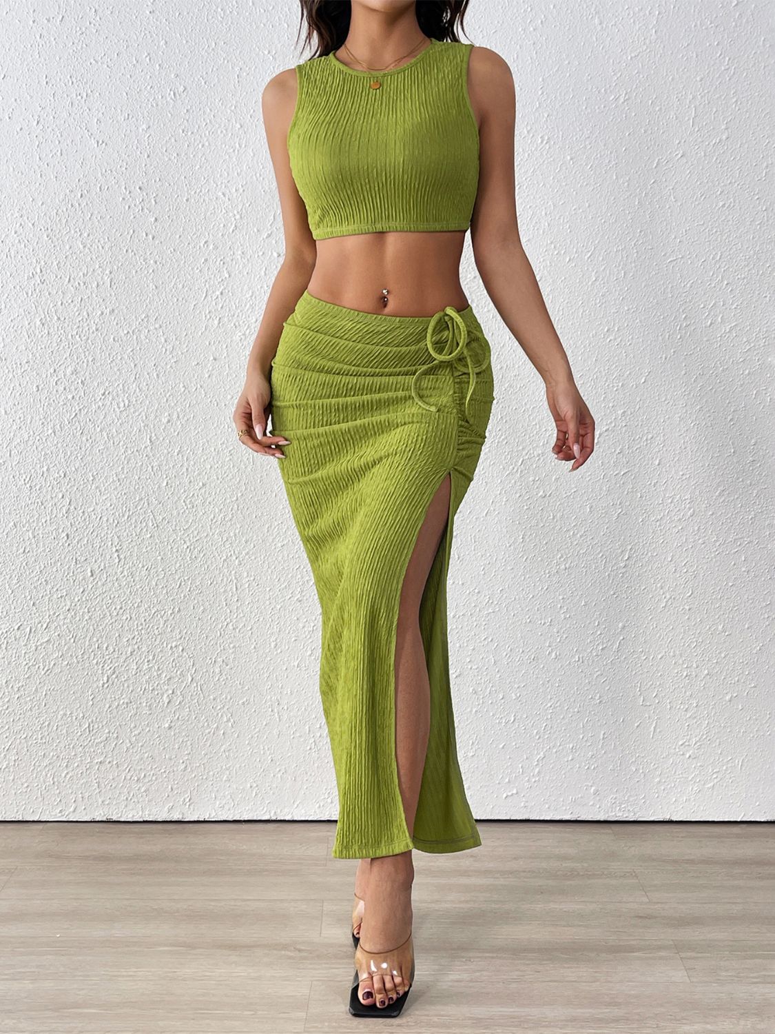 Perfee Texture Cropped Tank and Ruched Skirt Set