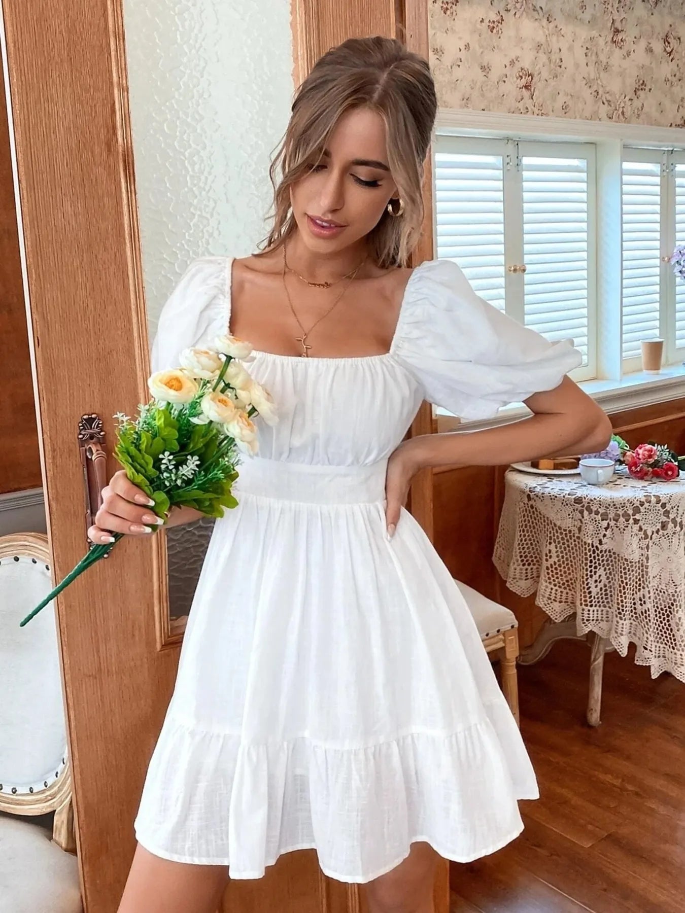 Square Neck Puff Sleeve Mini Dress