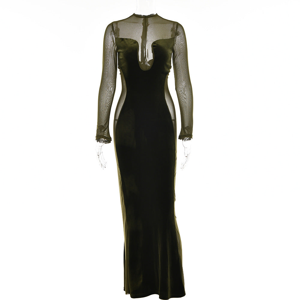 Hollow Long-sleeved Round Neck Backless Dress