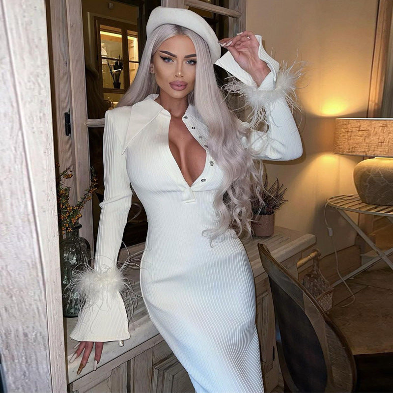 Chic Long Sleeves Collar Feather Cuff Bandage Dress