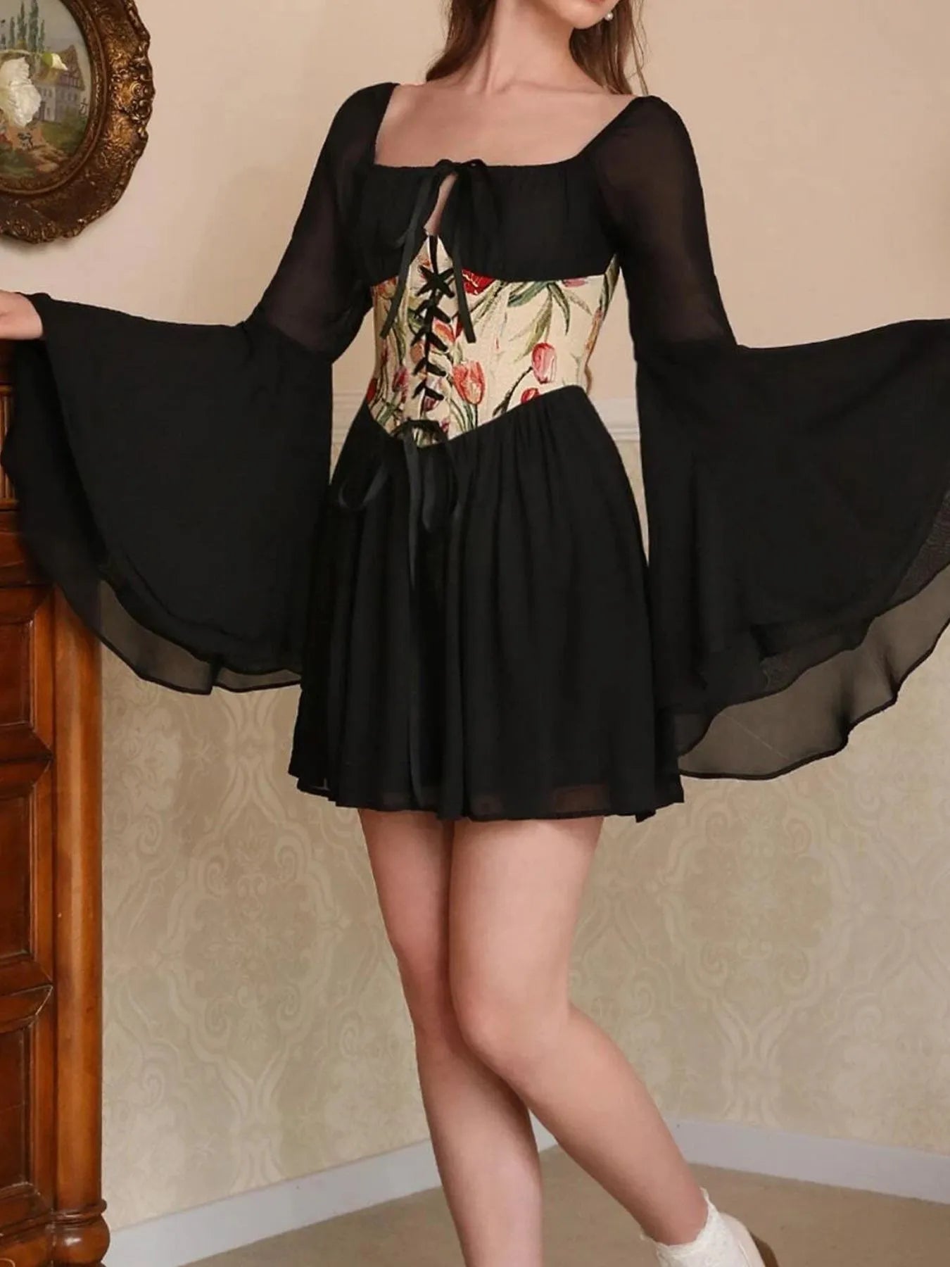 Floral Lace Up Long Sleeve Mini Dress