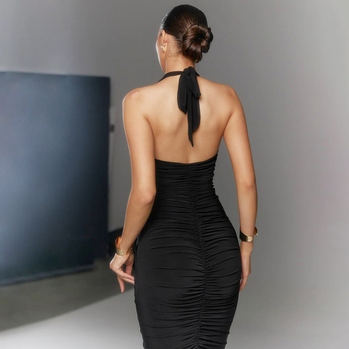 ELLA MESH V NECK MAXI DRESS-BLACK