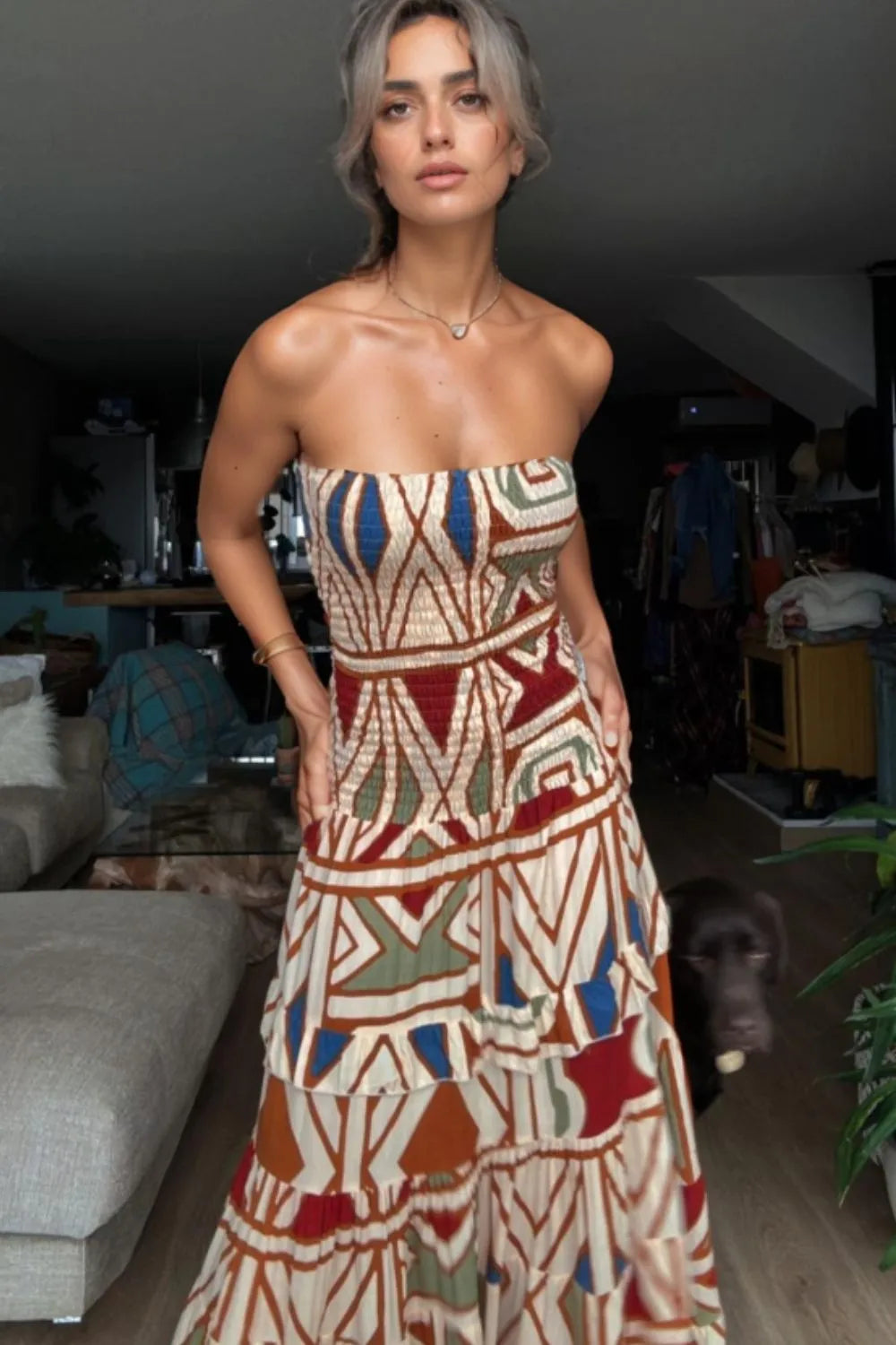 Smocked Printed Tube Dress