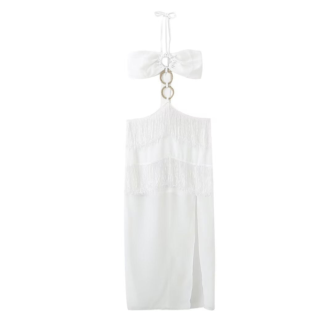 Chiffon Tassel Cutout White Dress