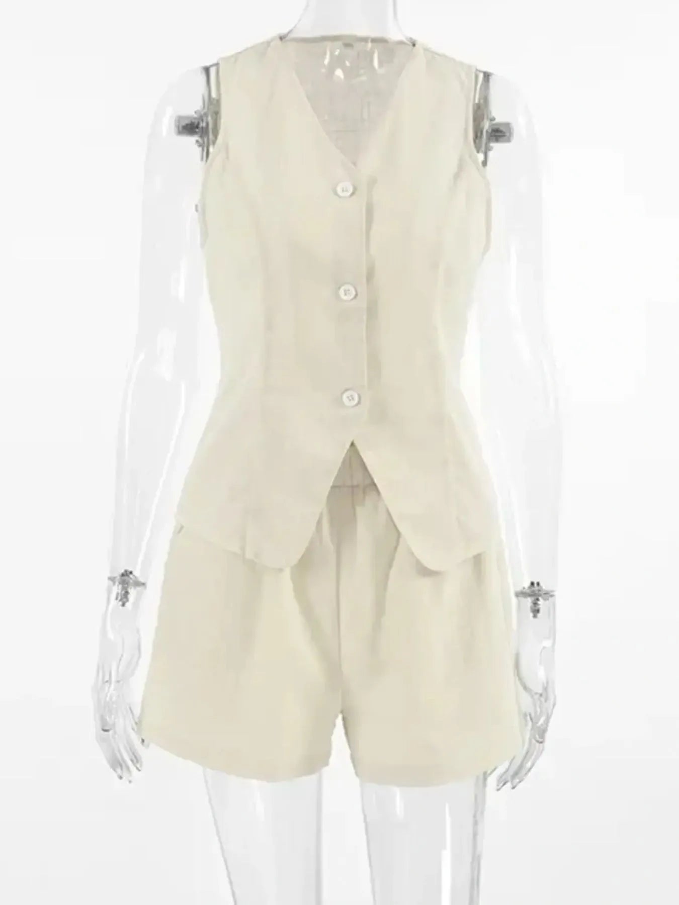 Button Up V-Neck Vest and Shorts Set