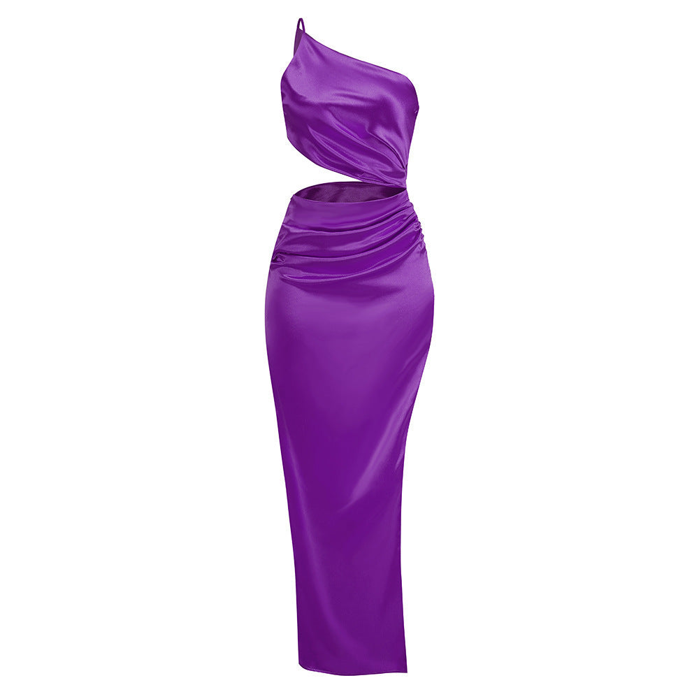 Tara Slant Shoulder High Slit Satin Celeb Dress