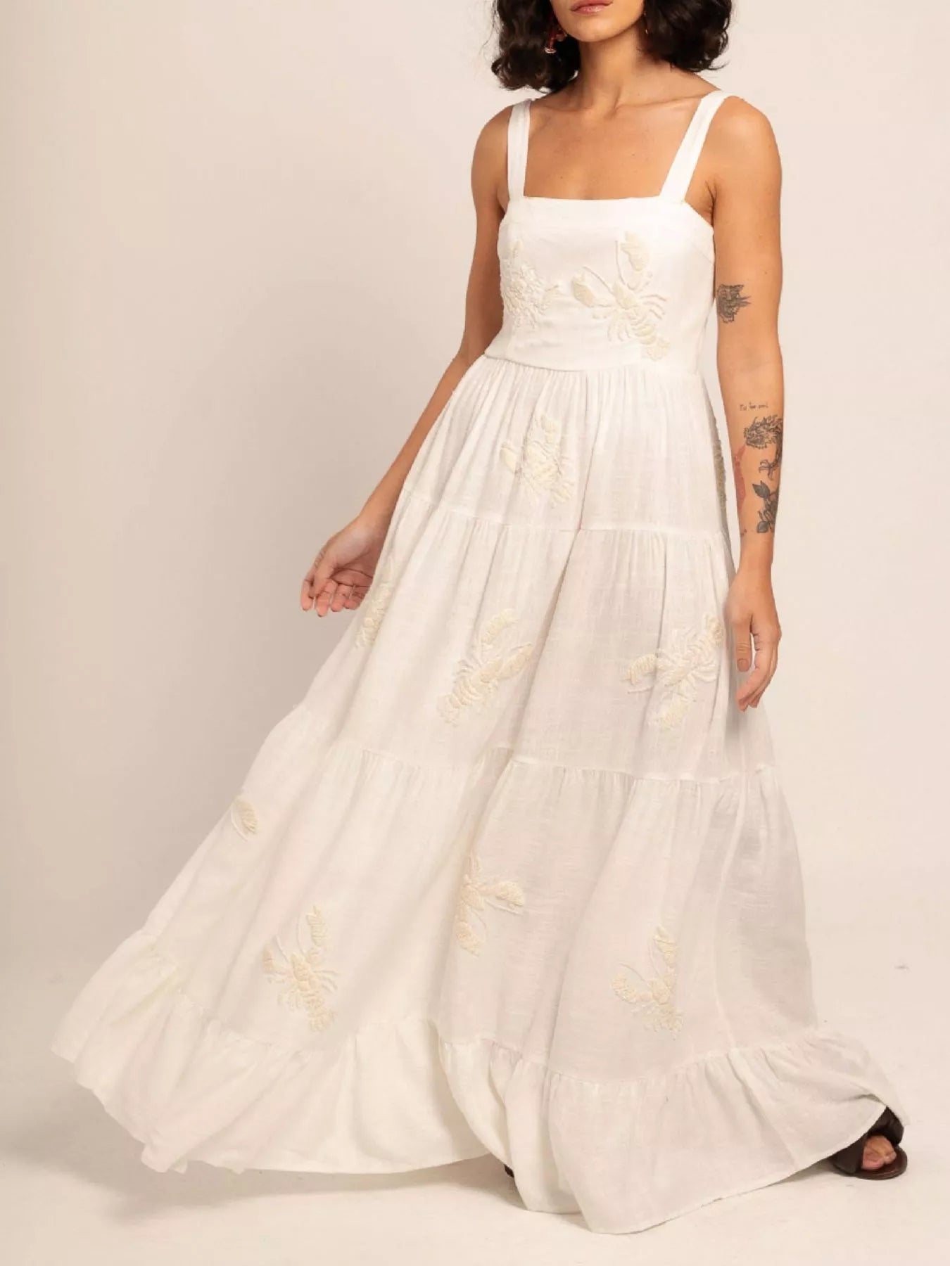Embroidered Square Neck Tiered Maxi Cami Dress