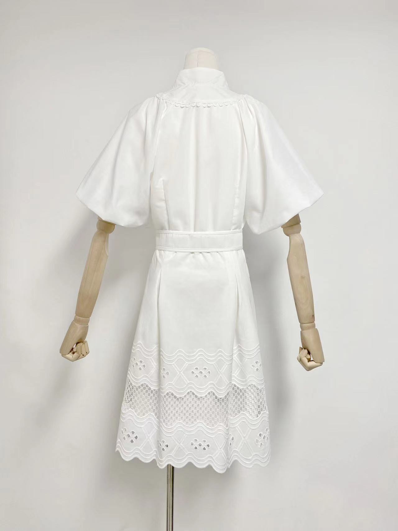 V-neck Puff Sleeve Belt Waist  Mini Dress
