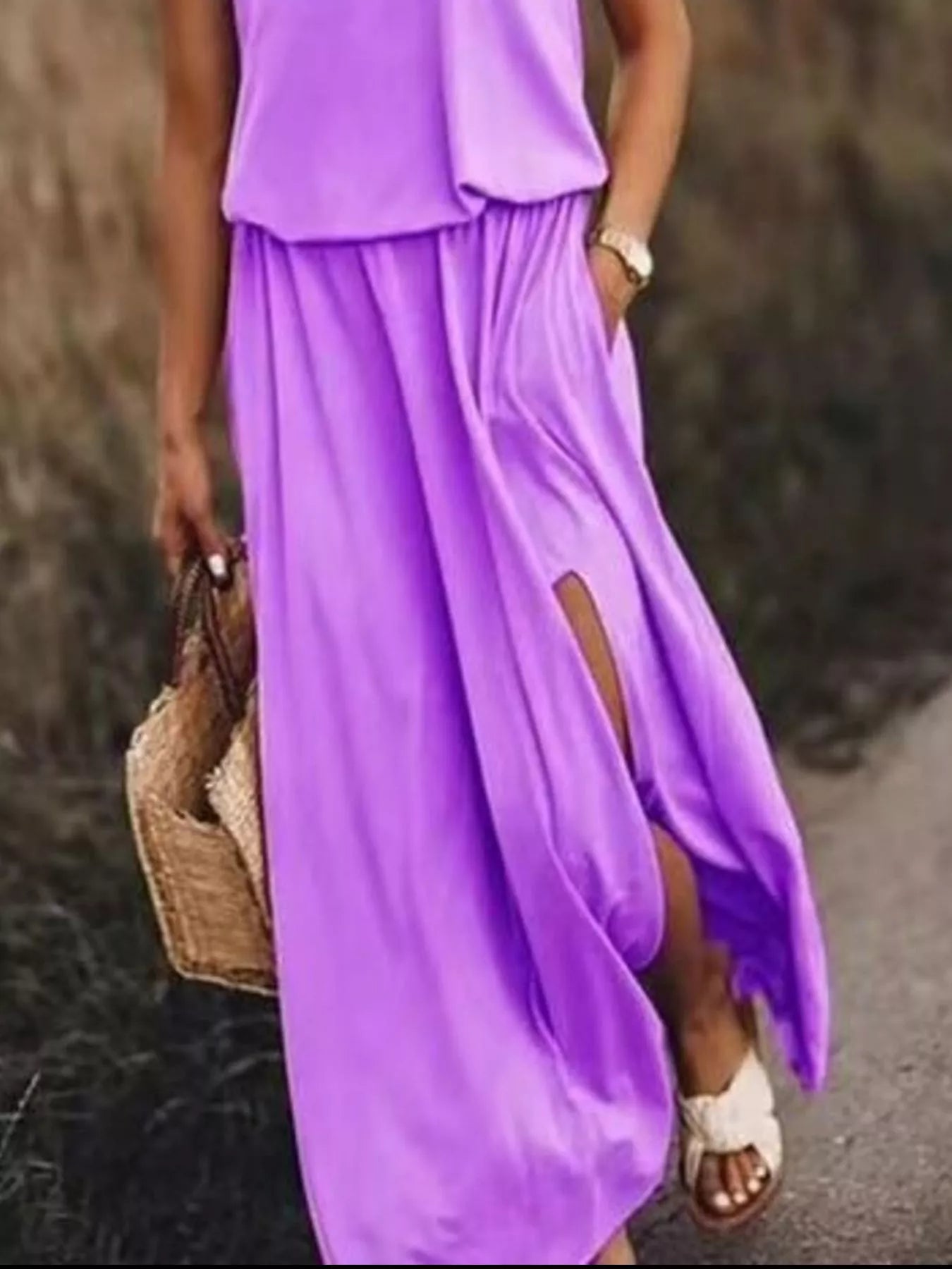 Round Neck Sleeveless Slit Maxi Dress