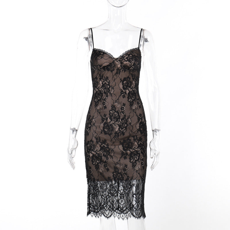 Lyla Sheath Lace Sling Dress-Black
