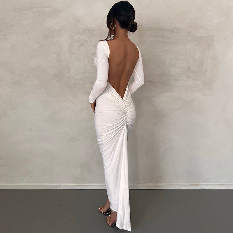 Backless Pleated Long Elegant Slim Dress