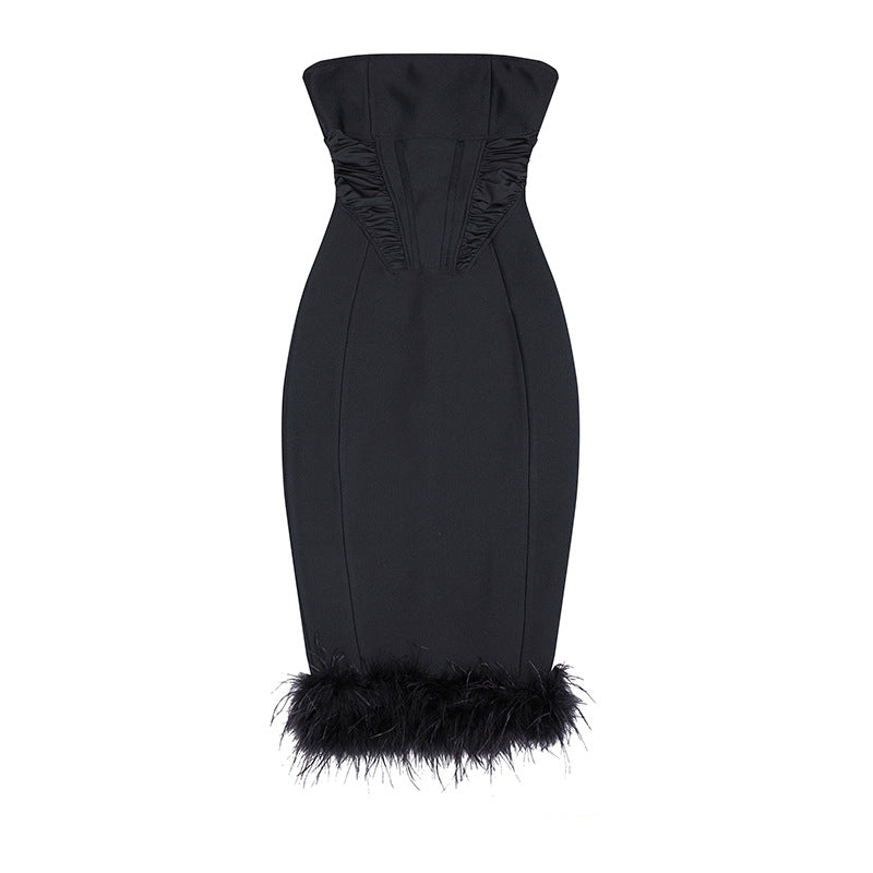 FUR BLACK STRAPLESS CORSET DRESS