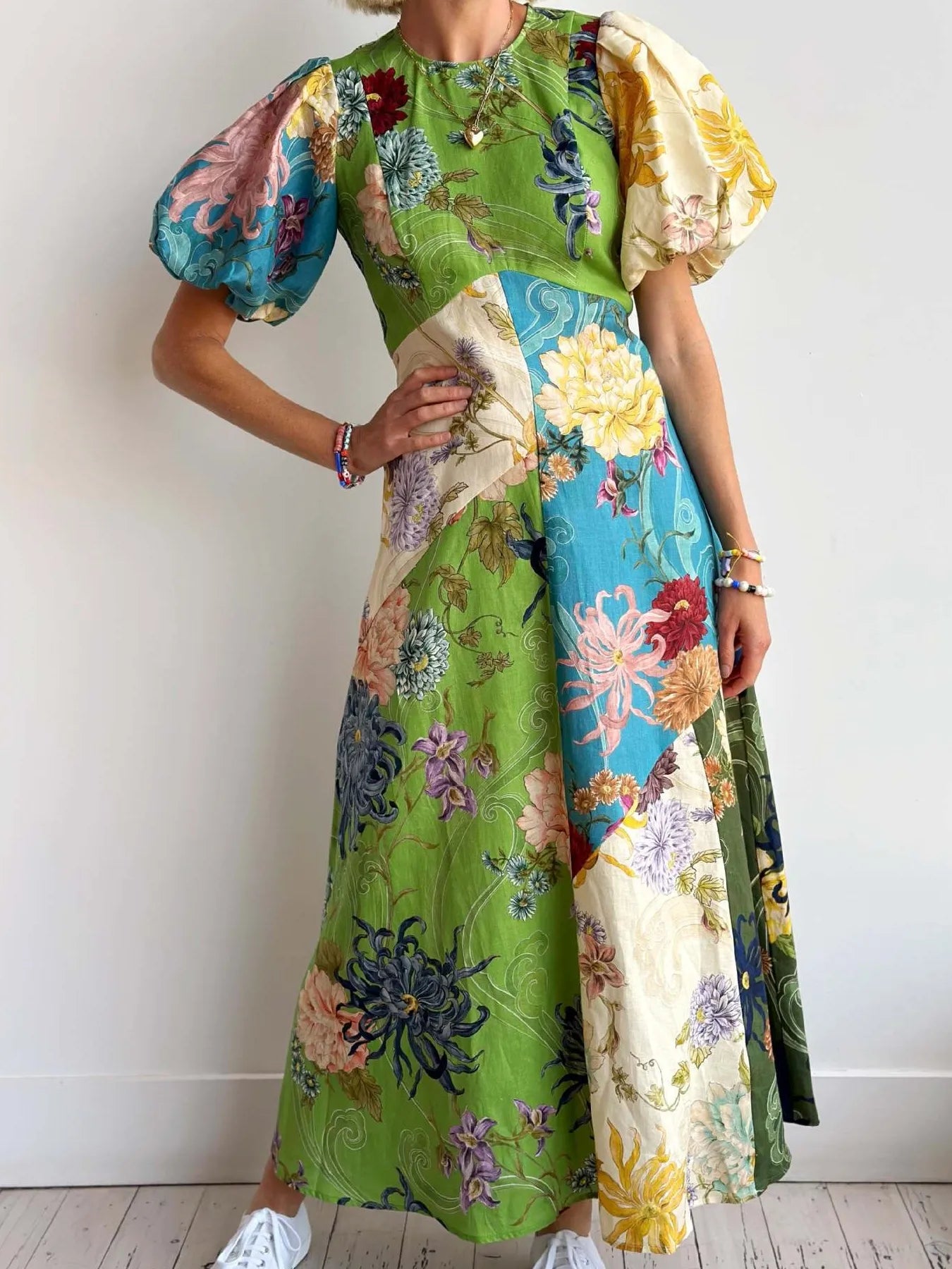 Printed Round Neck Puff Sleeve Dress