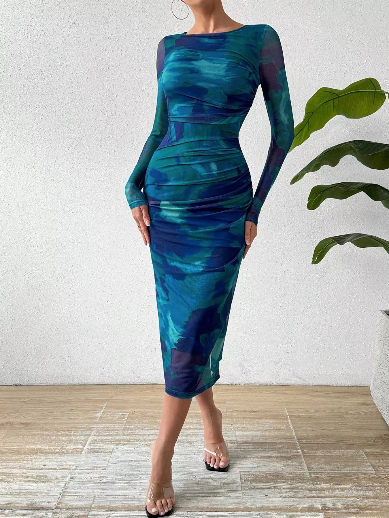 Watercolor Print Mesh Bodycon Midi Dress