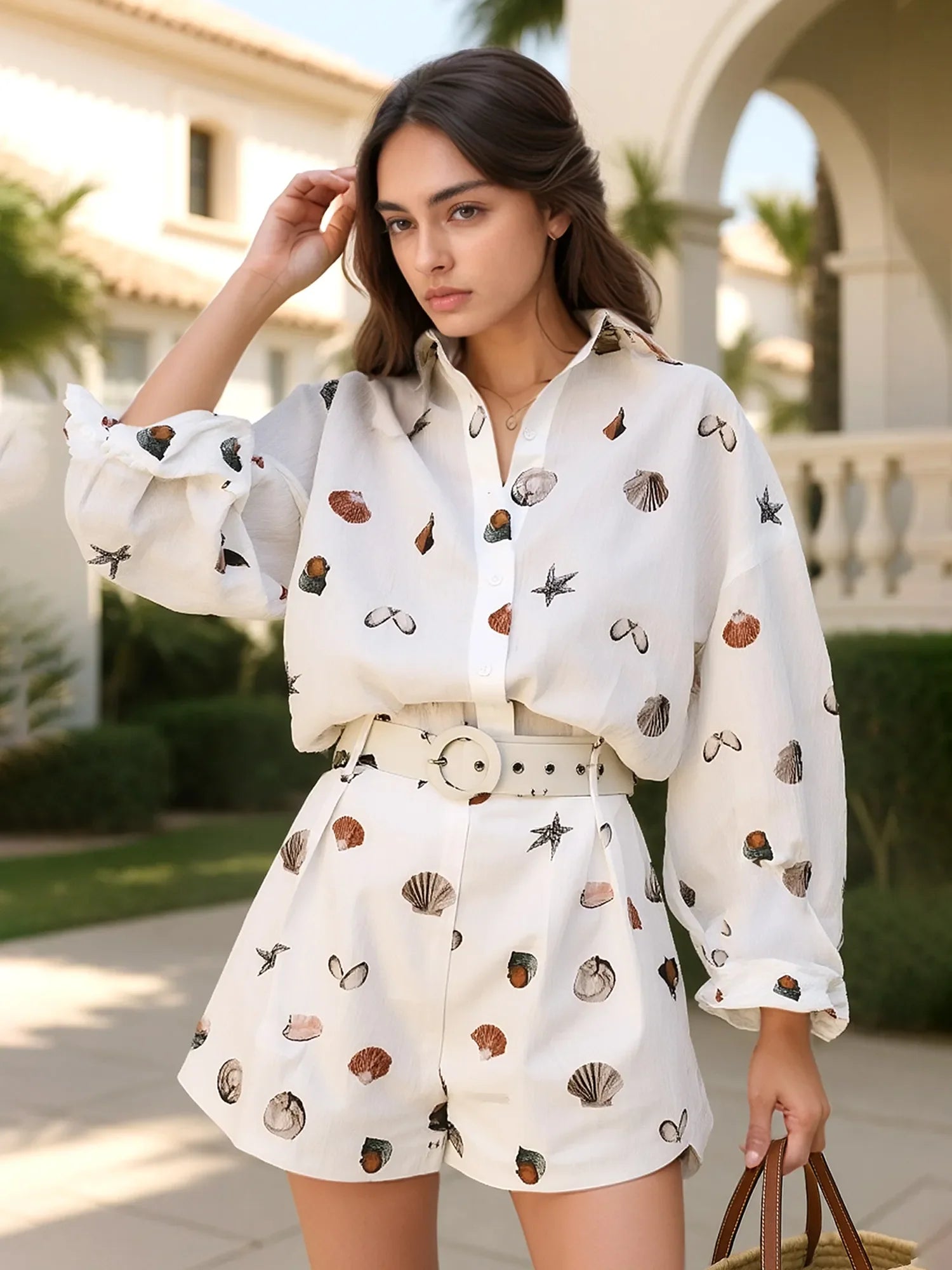 Printed Button Up Shirt and Shorts Set