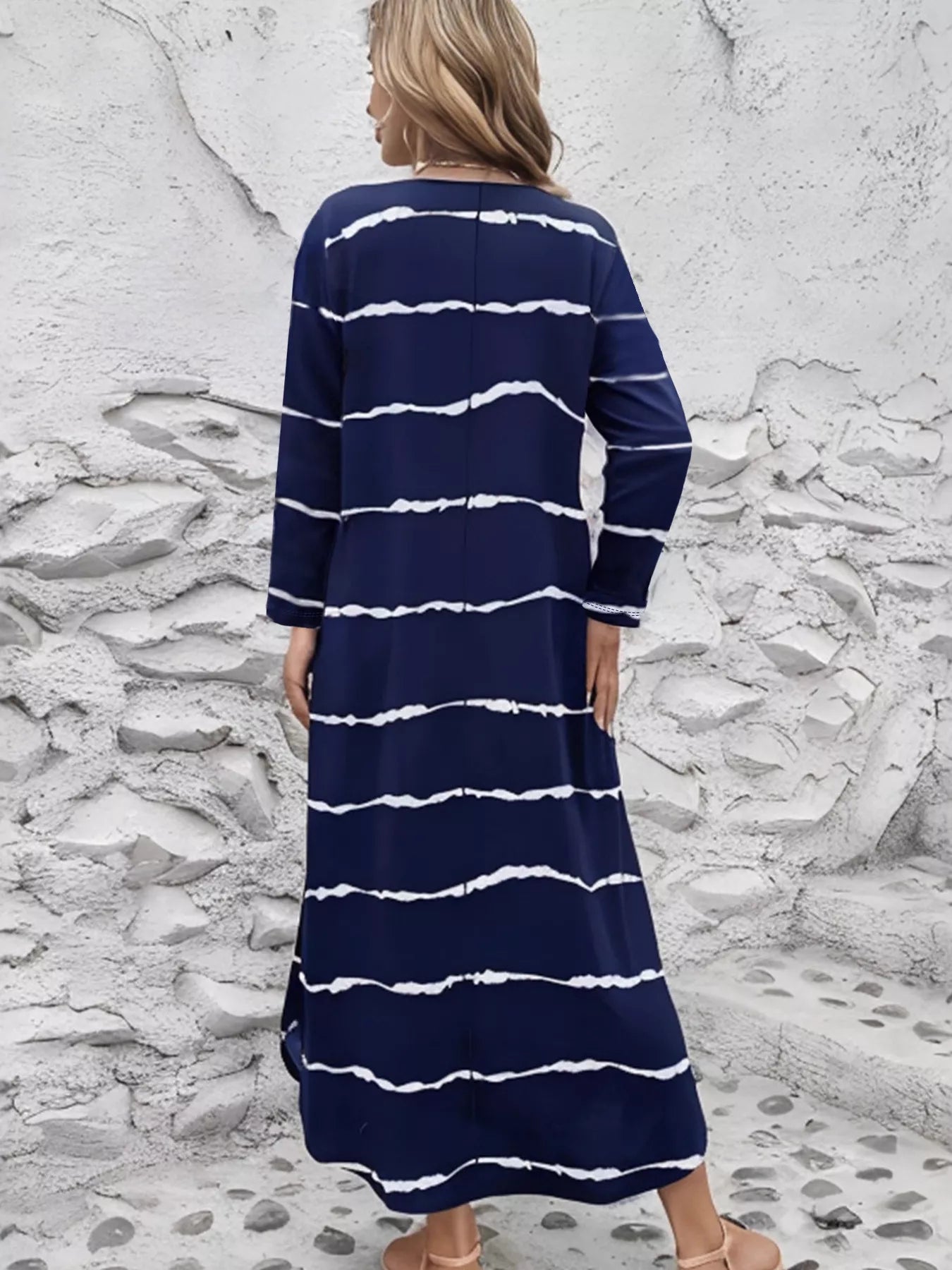 Striped V-Neck Long Sleeve Dress