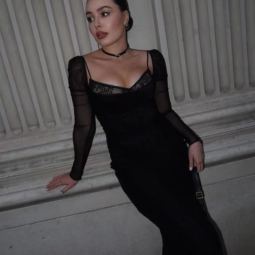 Dark Black Fishbone Braces Long Sleeve Tight Dress
