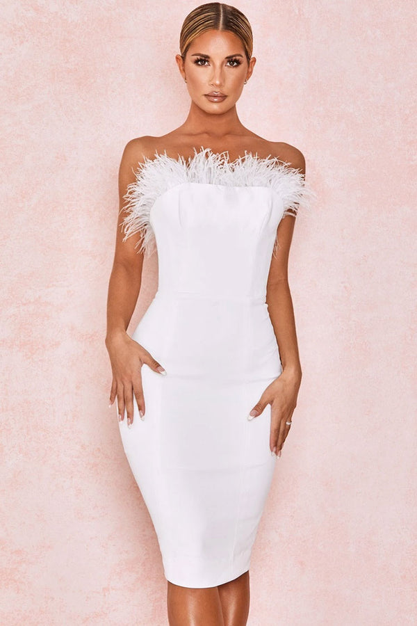 Chic Feather Midi Dress-White