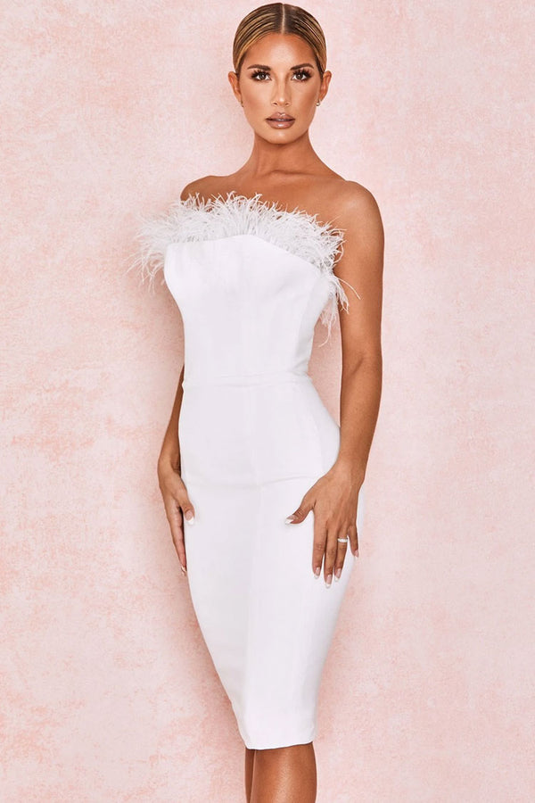 Chic Feather Midi Dress-White
