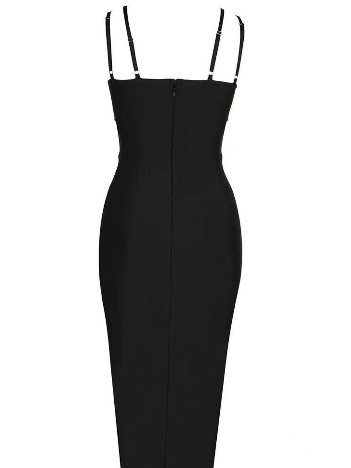 Coretta Pearl Cutout Bandage Dress in Black showcasing its elegant design and flattering fit.