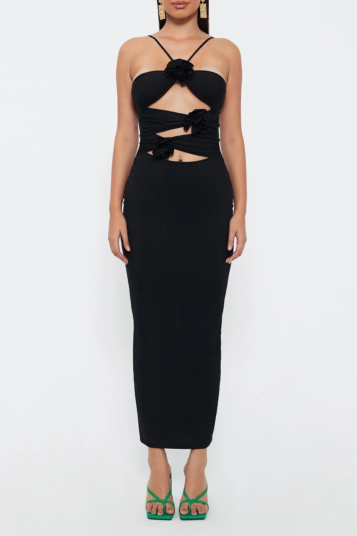 Hollow Slim -fitting Neck Mid -length Suspender Dress