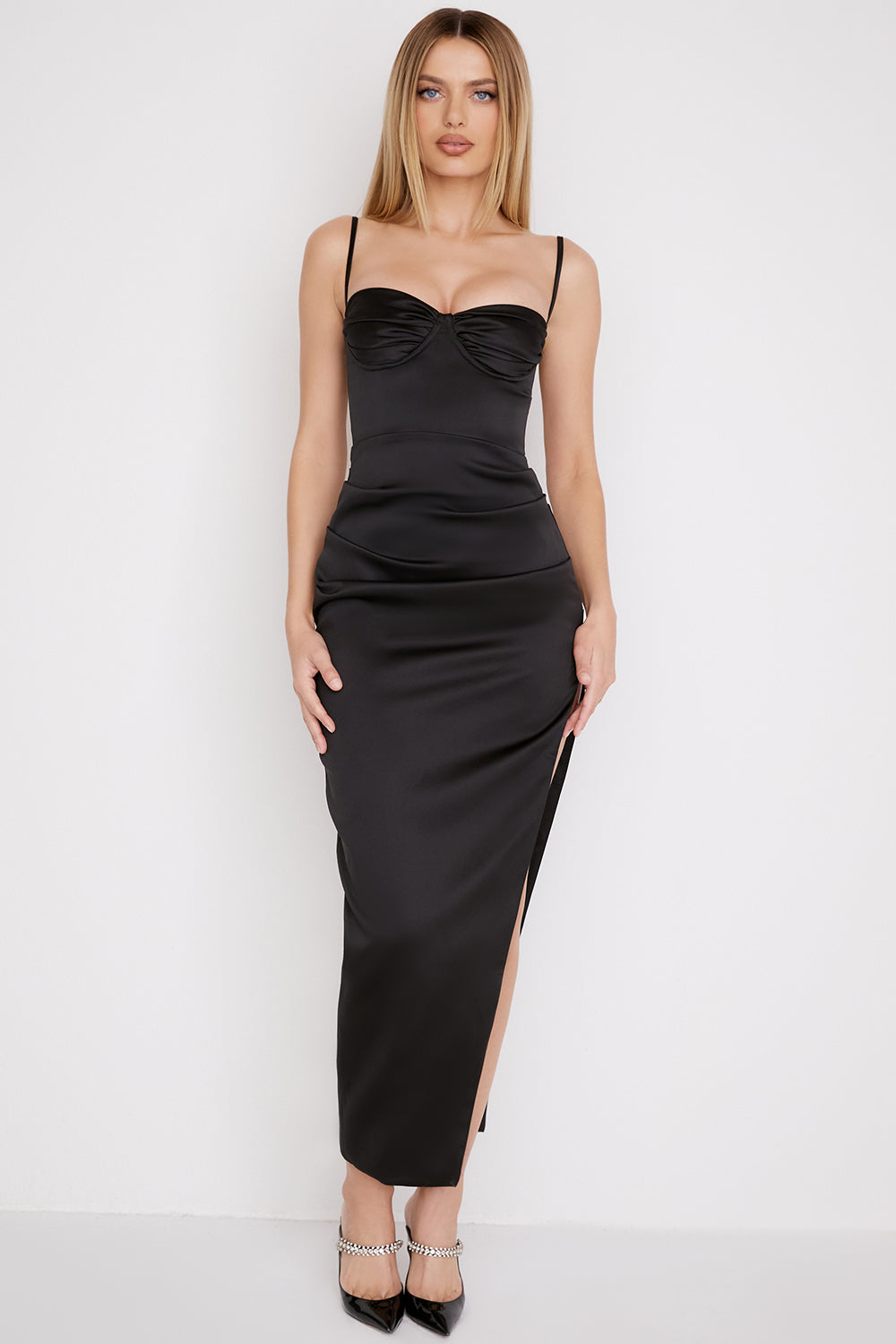 ALESYA IVORY BLACK SATIN CORSET DRESS