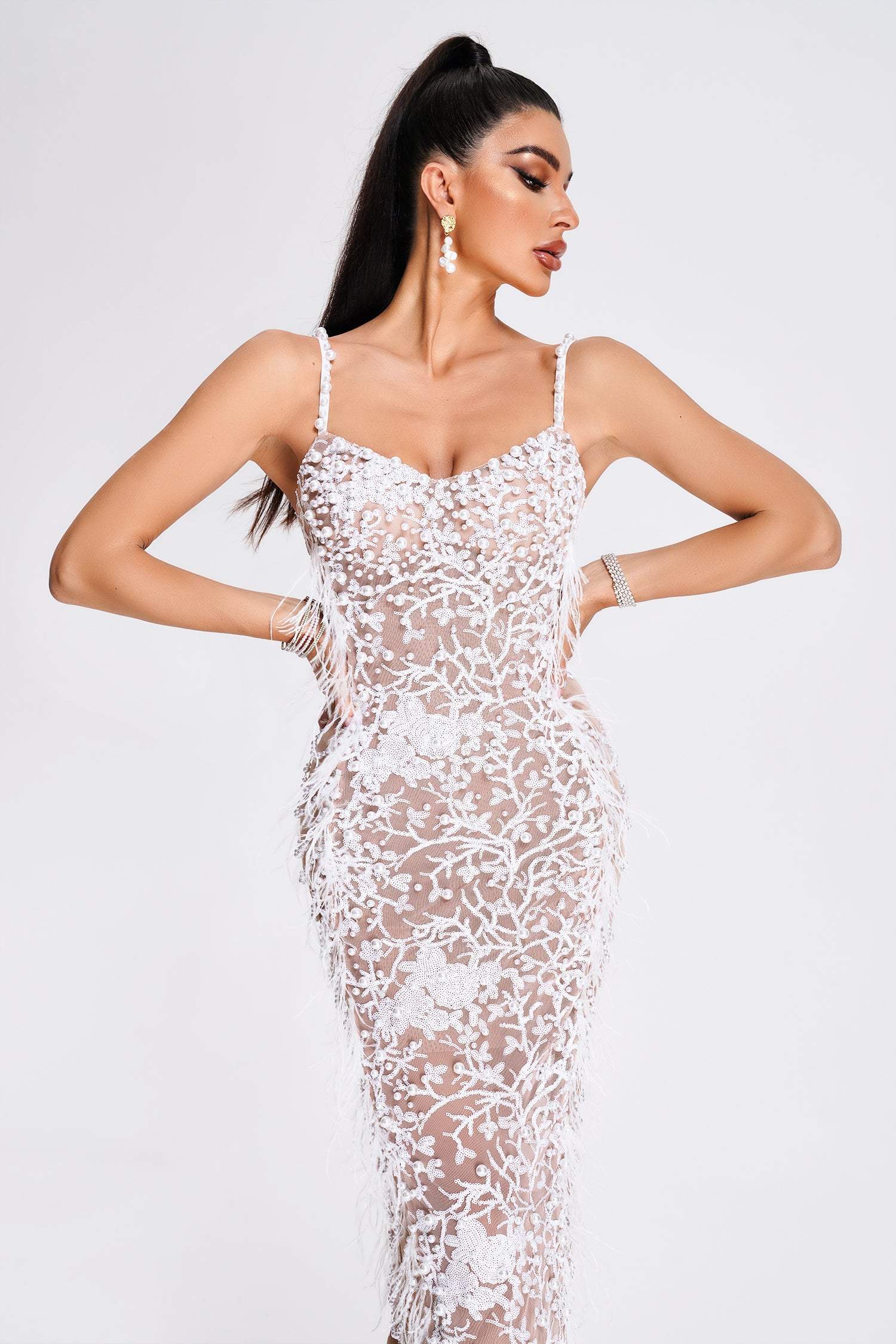Salenia Feather Beaded Banquet Evening Dress